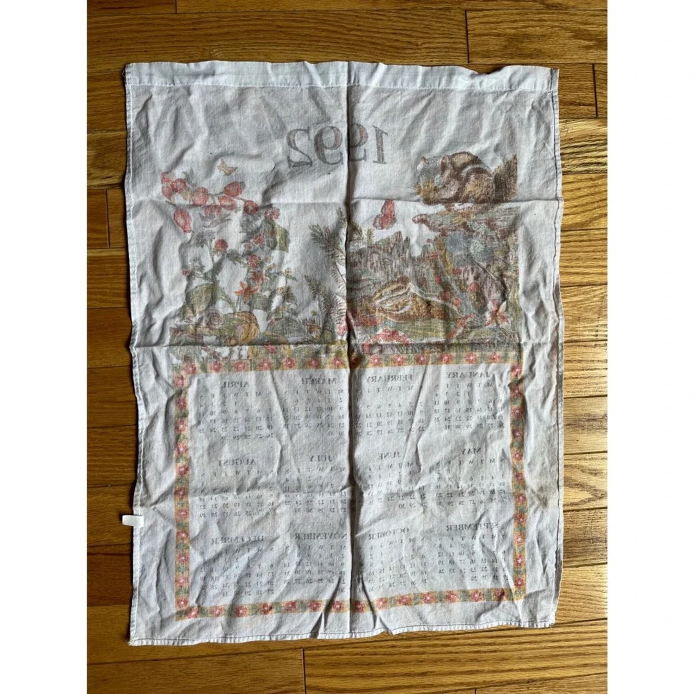Vintage 1992 Cotton Calendar Tea Towel Nature‎ Chipmunk Wildlife Woodland 16x22
